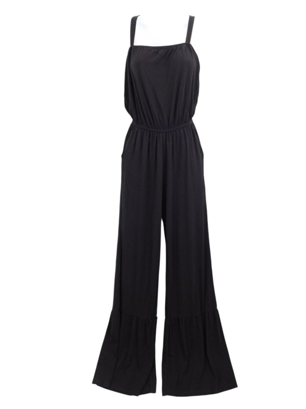 BB Dakota Small Black Strappy Wide Leg Ruffle Hem Elastic Waist Jumpsuit